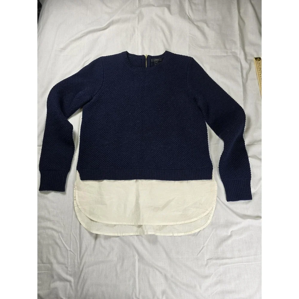 J.Crew Sweater Womens Small Navy Wool Shirttail Hem‎ Back Zip Layered Crewneck